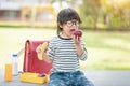 Cute schoolboy eating outdoors the school from plastick lunch boxe. Healthy school breakfast for child. Food for lunch, Lunchboxes Royalty Free Stock Photo