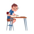 Cute Schoolboy Sitting at Desk and Reading Book, Boy Studying at Home Cartoon Vector Illustration Royalty Free Stock Photo