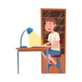 Cute Schoolboy Sitting at Desk and Reading Book, Boy Studying at Home, Homeschooling Cartoon Vector Illustration Royalty Free Stock Photo