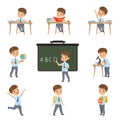 Cute schoolboy student in uniform in various activities set, boy at lessons of biology, geography, mathematics vector