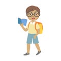 Cute schoolboy wearing glasses carrying backpack and holding blue book, a colorful character isolated on a white Royalty Free Stock Photo