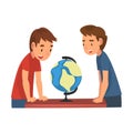 Cute Schoolboys at Geography Lesson, Boys Studying at Home, Homeschooling Cartoon Vector Illustration on White