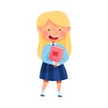 Cute Schoolgirl in Blue Uniform Holding Pupil Book Vector Illustration