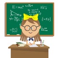 Cute schoolgirl with glasses sitting at table over blackboard Royalty Free Stock Photo