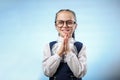 Cute Schoolgirl In Glasses Smile Implore Gesture