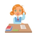 Cute schoolgirl sitting at the desk and raising her hand to answer, a colorful character