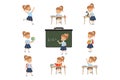 Cute schoolgirl student in uniform in various activities set, girl at lessons of biology, geography, mathematics vector