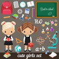 Cute schoolgirls and set school supplies