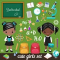 Cute schoolgirls and set school supplies