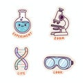 Cute Science Stickers - Flask, Microscope, DNA, and Goggles for Educational Fun Royalty Free Stock Photo