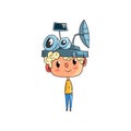 Cute scientist boy character working on physics science experiment, funny kid in fantastic headdress with antennas