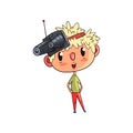 Cute scientist boy character working on science experiment, funny kid with experimental equipment on his head vector