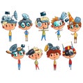 Cute scientist children working on physics science experiment set, funny boy in fantastic headdress with antennas vector