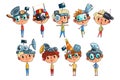 Cute scientist children working on physics science experiment set, funny boy in fantastic headdress with antennas vector