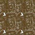 Cute scissors needles, mannequin, sewing on a brown background.Doodle contour seamless square pattern. Print for fabrics, cards, t