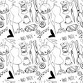 Cute scissors needles, mannequin, sewing on a white background.Doodle contour seamless square pattern. Print for fabrics, cards, t