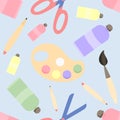 Cute scissors, palette, pencil, brush, paints vector flat illustration on blue background. Back to school pattern.