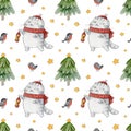 Cute scottish fold cat with lantern walking in the woods - seamless pattern for Christmas and new year winter holiday design