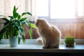 Cute Scottish fold cat sitting near catnip or cat grass grown from barley, oat, wheat or rye seeds. Cat grass is grown Royalty Free Stock Photo