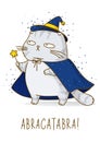 Cute scottish fold gray cat with magic wand, witch hat and cloak isolated on white - character for halloween design