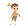 Cute Scout Boy with Flag, Scouting Child Character in Uniform, Summer Holiday Activities Concept Cartoon Style Vector