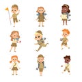 Cute Scouts Boys and Girls Set, Scouting Elementary School Students in Uniform, Summer Holiday Activities Concept