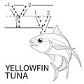 Cute Sea Animal Alphabet Series. Y is for Yellowfin tuna. Vector cartoon character design illustration