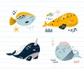 Cute sea animal character set. Smiling whales, sea fish, narwhal. Baby kids nautical animals prints illustration Royalty Free Stock Photo