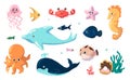 Cute sea animals. Cartoon fish swim underwater. Collection of ocean inhabitants. Isolated jellyfish and seahorse