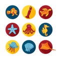 Cute sea animals icons in color circles for stickers and icons for children designs Royalty Free Stock Photo