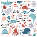 Cute sea animals, ocean set for summer baby shower and girls and boys birthday party design Royalty Free Stock Photo