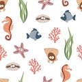 Cute sea animals seamless pattern. Children drawings, underwater life.