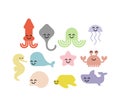 Cute sea animals set. Cartoon sea world animal. Stingray and jellyfish. Squid and octopus. Crab and Shark. Turtle and sea star