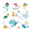 Cute Sea Animals in Striped Vest and Bandana Floating Underwater Vector Set