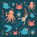 Cute sea characters mermaid crab fish octopus. Royalty Free Stock Photo