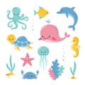 Cute sea creatures and animals vector icons isolated on white background. Kawaii style Royalty Free Stock Photo