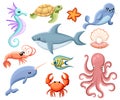 Cute sea creatures. Cartoon smiling sea animals. Co ored sea fish and seahorse, whale and octopus illustration seal crab sh Royalty Free Stock Photo