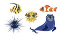Cute Sea Creatures Collection, Adorable Ocean Animals and Fishes Vector Illustration
