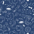 Cute sea creatures line style on the dark blue background seamless pattern