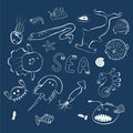 Cute sea creatures line style on the dark blue background