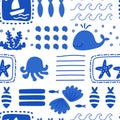 Cute sea creatures patchwork seamless pattern in blue and white. Vector summer vacation wallpaper, textile design Royalty Free Stock Photo