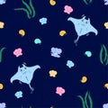 Cute sea creatures,seamless pattern with cartoon drawn kawaii stingray, shells, pearls and  water plant, perfect for kids apparel Royalty Free Stock Photo