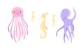 Cute Sea Creatures Set, Jellyfish, Octopus, Seahorse Cartoon Vector Illustration