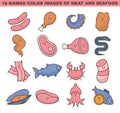 Cute sea food and meat stickers or icons set. Kawaii ingredients or dishes Royalty Free Stock Photo