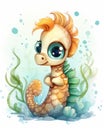 Cute Sea Horse Cartoon and Little Spiky Orange Hair Spitfire Completely Flooded Golden Watery Eyes Aliased