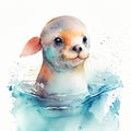 Cute sea lion in underwater world. Cartoon  illustration. Underwater world. AI Generated Royalty Free Stock Photo