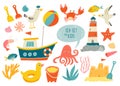 Cute sea objects collection. Kids beach toys. Funny summer vacation elements. Comic sea animals. Cartoon vector hand Royalty Free Stock Photo