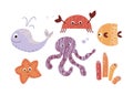 Cute sea, ocean animals set - octopus, whale, fish, crab, starfish Royalty Free Stock Photo