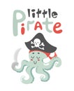 Cute sea octopus little pirate with saber in a cocked hat. Childrens cartoon character. sailor adventures, Jolly Roger Royalty Free Stock Photo