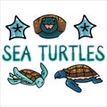 Cute sea turtle banner cartoon vector illustration motif set. Hand drawn isolated shell elements clipart for starfish blog,